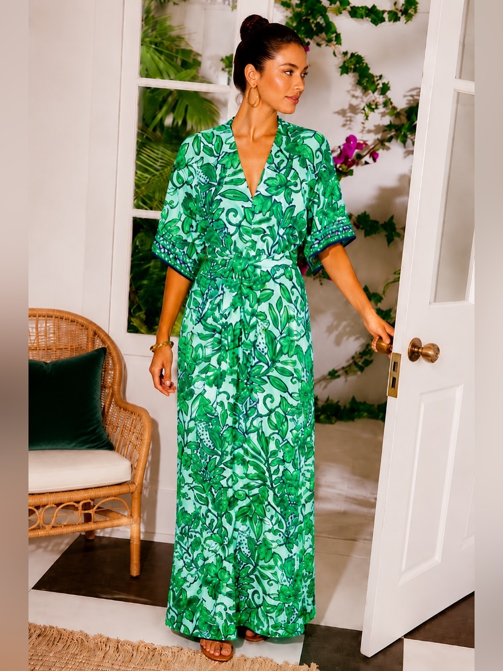 Lilly Pulitzer Green Floral Wrap Maxi with Blue Trim